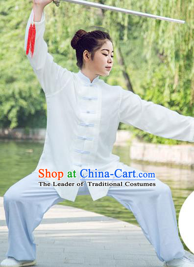 Traditional Chinese Top Linen Kung Fu Costume Martial Arts Kung Fu Training White Uniform, Tang Suit Gongfu Shaolin Wushu Clothing, Tai Chi Taiji Teacher Suits Uniforms for Women