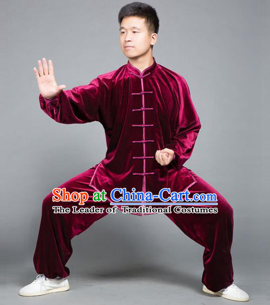 Traditional Chinese Top Gold Velvet Kung Fu Costume Martial Arts Kung Fu Training Plated Buttons Red Uniform, Tang Suit Gongfu Shaolin Wushu Clothing, Tai Chi Taiji Teacher Suits Uniforms for Men