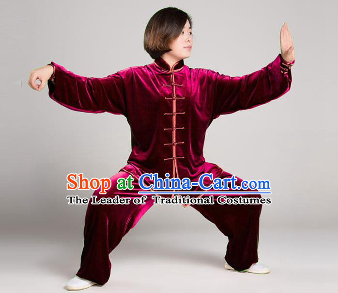 Traditional Chinese Top Gold Velvet Kung Fu Costume Martial Arts Kung Fu Training Plated Buttons Red Uniform, Tang Suit Gongfu Shaolin Wushu Clothing, Tai Chi Taiji Teacher Suits Uniforms for Women