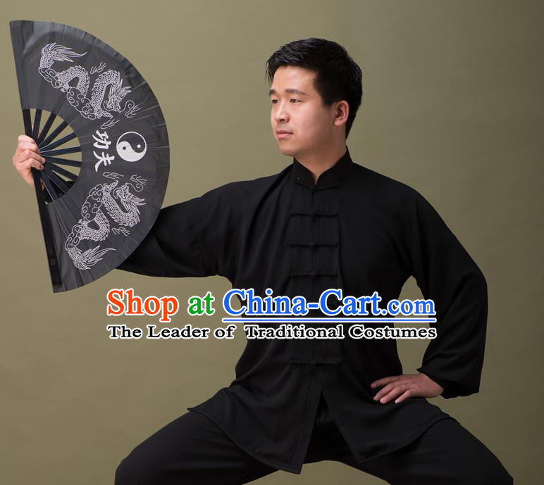 Traditional Chinese Kung Fu Folding Fan Martial Arts Prop Tai Chi Fan, Gongfu Wushu Tai Chi Taiji Teacher Painting Double Dragons Fans for Men for Women