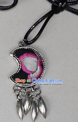 Traditional Chinese Miao Nationality Crafts Hmong Handmade Silver Embroidery Moon Pendant, Ethnic Minority Miao Necklace Accessories Bells Pendant for Women