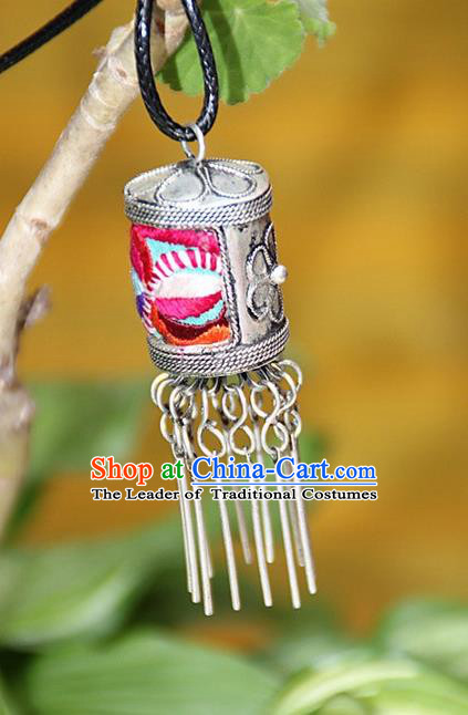 Traditional Chinese Miao Nationality Crafts, Hmong Handmade Miao Silver Embroidery Pendant, Miao Ethnic Minority Necklace Accessories Bells Pendant for Women