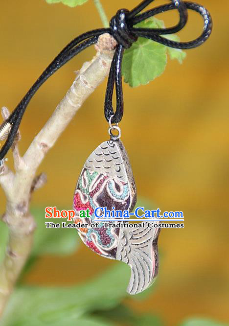 Traditional Chinese Miao Nationality Crafts, Hmong Handmade Miao Silver Embroidery Pendant, Miao Ethnic Minority Necklace Fish Accessories Pendant for Women