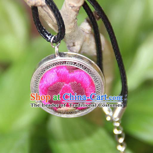 Traditional Chinese Miao Nationality Crafts, Hmong Handmade Miao Silver Embroidery Flowers Round Pendant, Miao Ethnic Minority Black Rope Necklace Accessories Pendant for Women