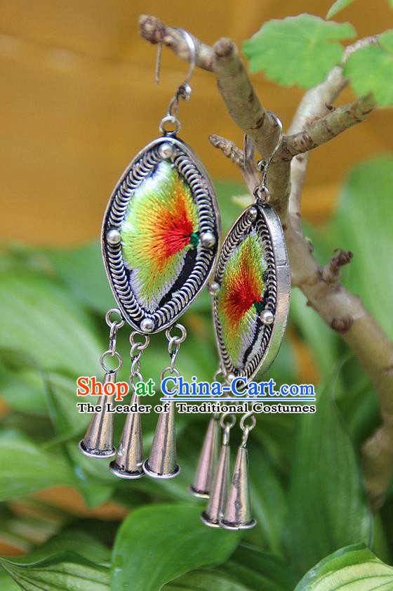 Traditional Chinese Miao Nationality Crafts, Hmong Handmade Miao Silver Embroidery Flowers Tassel Earrings, Miao Ethnic Minority Eardrop Accessories Ear Pendant for Women