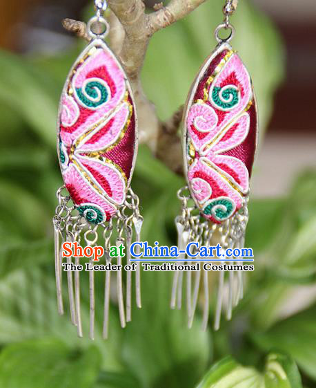 Traditional Chinese Miao Nationality Crafts, Hmong Handmade Embroidery Miao Silver Tassel Earrings, Miao Ethnic Minority Eardrop Accessories Ear Pendant for Women