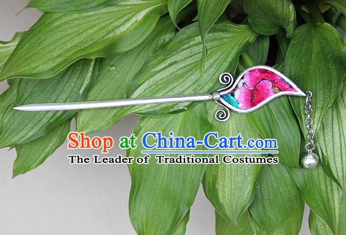 Traditional Chinese Miao Nationality Crafts Jewelry Accessory, Hmong Handmade Embroidery Miao Silver Hairpin, Miao Ethnic Minority Bells Hair Fascinators Hairpins for Women