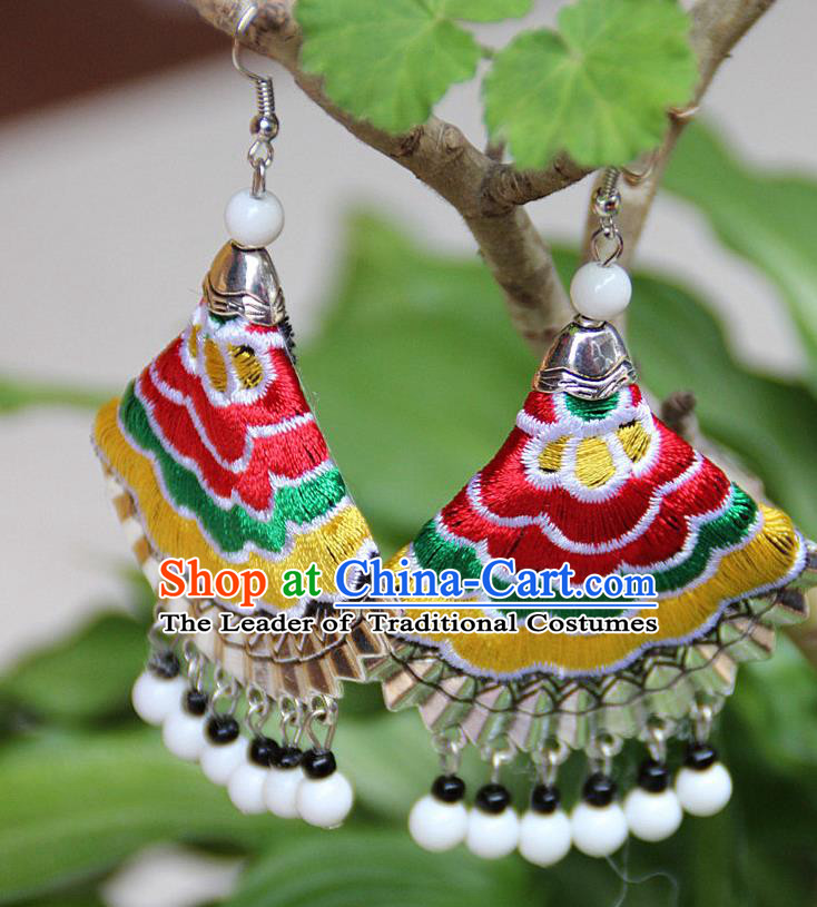 Traditional Chinese Miao Nationality Crafts Jewelry Accessory, Hmong Handmade Embroidery Beads Earrings, Miao Ethnic Minority Eardrop Accessories Ear Pendant for Women