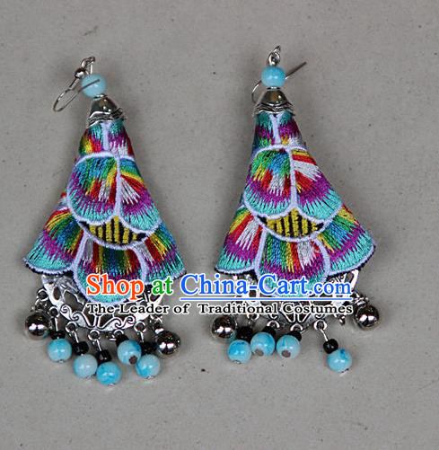 Traditional Chinese Miao Nationality Crafts Jewelry Accessory, Hmong Handmade Embroidery Beads Earrings, Miao Ethnic Minority Eardrop Accessories Ear Pendant for Women