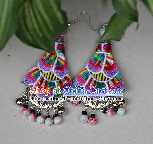 Traditional Chinese Miao Nationality Crafts Jewelry Accessory, Hmong Handmade Embroidery Beads Blue Earrings, Miao Ethnic Minority Eardrop Accessories Ear Pendant for Women