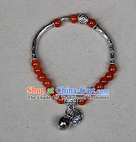 Traditional Chinese Miao Nationality Crafts Jewelry Accessory Bangle, Hmong Handmade Miao Silver Red Beads Bracelet, Miao Ethnic Minority Bells Longevity Lock Bracelet Accessories for Women