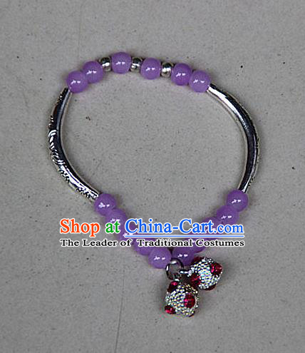 Traditional Chinese Miao Nationality Crafts Jewelry Accessory Bangle, Hmong Handmade Miao Silver Purple Beads Bracelet, Miao Ethnic Minority Bells Bracelet Accessories for Women