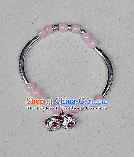 Traditional Chinese Miao Nationality Crafts Jewelry Accessory Bangle, Hmong Handmade Miao Silver Pink Beads Bracelet, Miao Ethnic Minority Bells Bracelet Accessories for Women