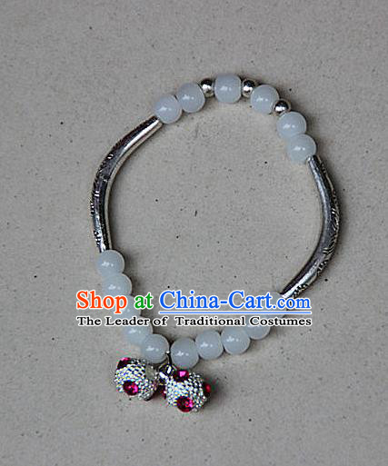 Traditional Chinese Miao Nationality Crafts Jewelry Accessory Bangle, Hmong Handmade Miao Silver White Beads Bracelet, Miao Ethnic Minority Bells Bracelet Accessories for Women
