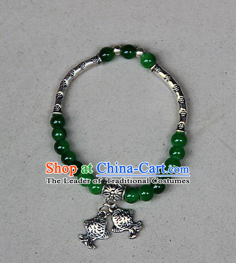 Traditional Chinese Miao Nationality Crafts Jewelry Accessory Bangle, Hmong Handmade Miao Silver Green Beads Bracelet, Miao Ethnic Minority Double Fish Bracelet Accessories for Women