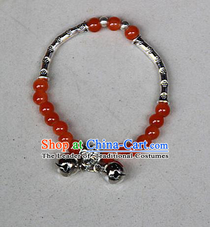 Traditional Chinese Miao Nationality Crafts Jewelry Accessory Bangle, Hmong Handmade Miao Silver Red Beads Bracelet, Miao Ethnic Minority Double Bells Bracelet Accessories for Women