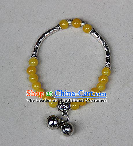 Traditional Chinese Miao Nationality Crafts Jewelry Accessory Bangle, Hmong Handmade Miao Silver Yellow Beads Bracelet, Miao Ethnic Minority Double Bells Bracelet Accessories for Women