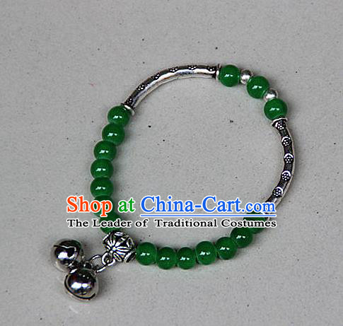 Traditional Chinese Miao Nationality Crafts Jewelry Accessory Bangle, Hmong Handmade Miao Silver Green Beads Bracelet, Miao Ethnic Minority Double Bells Bracelet Accessories for Women