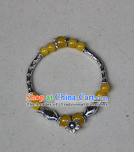 Traditional Chinese Miao Nationality Crafts Jewelry Accessory Bangle, Hmong Handmade Miao Silver Yellow Beads Bracelet, Miao Ethnic Minority Bracelet Accessories for Women