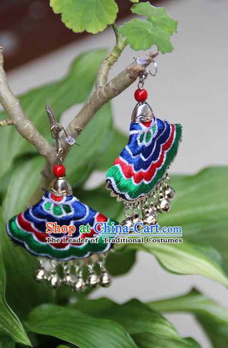 Traditional Chinese Miao Nationality Crafts Jewelry Accessory, Hmong Handmade Embroidery Bells Tassel Earrings, Miao Ethnic Minority Eardrop Accessories Ear Pendant for Women