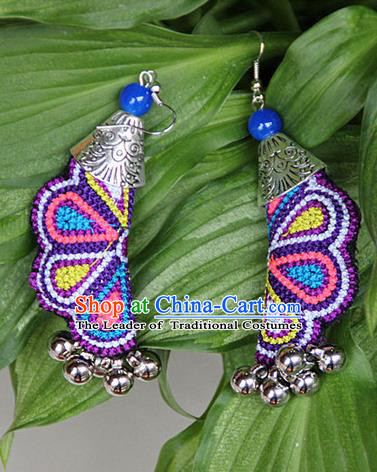 Traditional Chinese Miao Nationality Crafts Jewelry Accessory, Hmong Handmade Embroidery Bells Earrings, Miao Ethnic Minority Eardrop Accessories Ear Pendant for Women