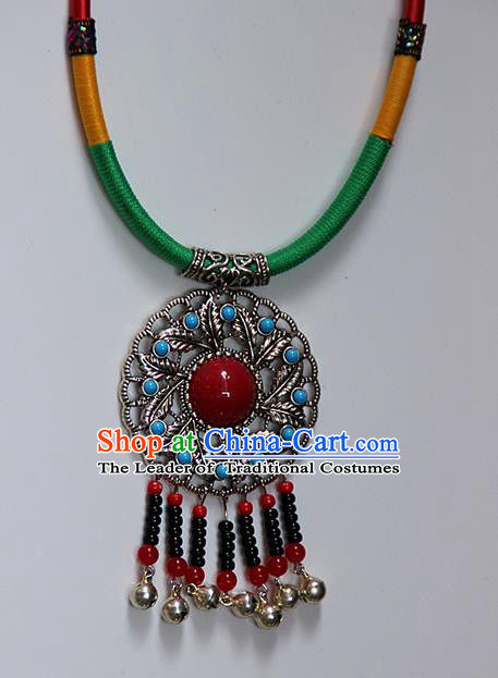 Traditional Chinese Miao Ethnic Minority Necklace, Hmong Handmade Colorized Collar Embroidery Pendant, Miao Ethnic Jewelry Accessories Bells Necklace for Women