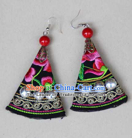 Traditional Chinese Miao Ethnic Minority Palace Jewelry Accessories Embroidery Earrings, Hmong Handmade Earrings for Women