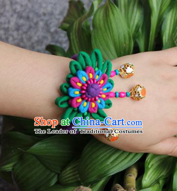 Traditional Chinese Miao Ethnic Minority Palace Jewelry Accessories Wristbands Bracelet, Hmong Handmade Bracelet Bells Chain Bracelet for Women