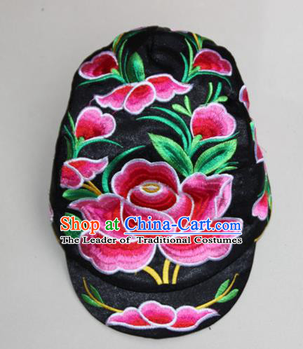 Traditional Chinese Miao Ethnic Minority Satin Cloth Embroidery Phoenix Cap, Hmong Handmade Peak Cap for Women