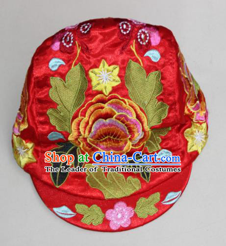 Traditional Chinese Miao Ethnic Minority Satin Cloth Embroidery Phoenix Cap, Hmong Handmade Peak Cap for Women