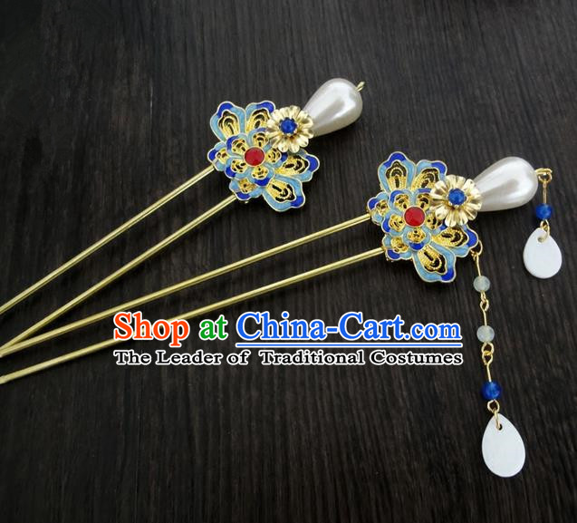 Traditional Handmade Chinese Ancient Classical Hair Accessories Barrettes Lotus Hairpin, Blueing Hair Sticks Pearl Hair Jewellery, Hair Fascinators Hairpins for Women