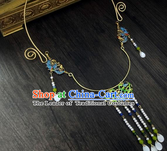 Traditional Handmade Chinese Ancient Classical Jewellery Accessories Jade Necklace, Blueing Tassel Wedding Necklace for Women