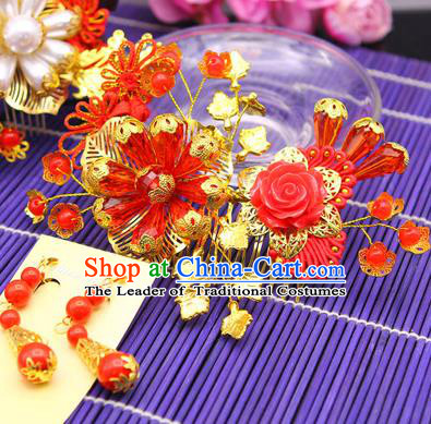 Traditional Handmade Chinese Ancient Classical Hair Accessories Barrettes Hairpin, Bride Wedding Hair Sticks and Earrings, Hair Fascinators Hairpins for Women