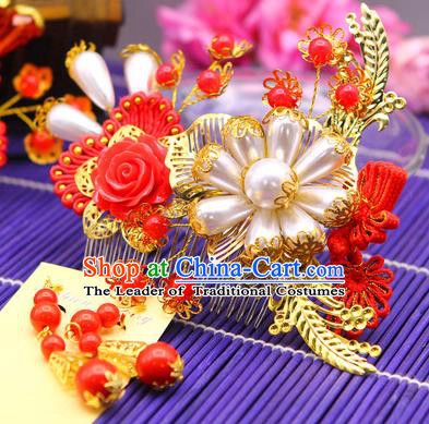 Traditional Handmade Chinese Ancient Classical Hair Accessories Barrettes Hairpin, Bride Wedding Hair Sticks and Earrings, Hair Fascinators Hairpins for Women