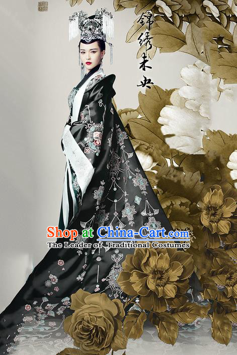 Traditional Ancient Chinese Imperial Emperess Costume, Chinese Han Dynasty Dress, Cosplay Chinese Peri Imperial Empress Dowager Tailing Black Embroidered Clothing for Women