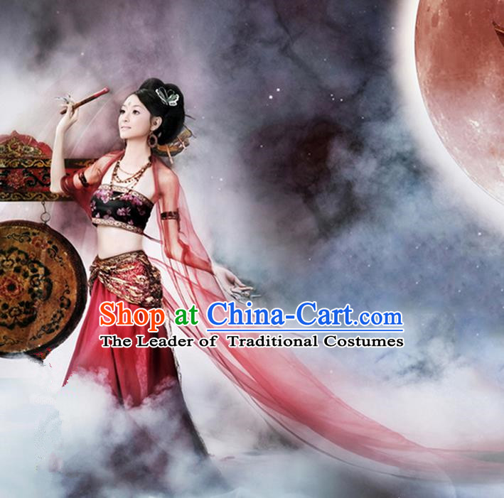 Traditional Ancient Chinese Dunhuang Flying Fairy Costume, Chinese Han Dynasty Dance Ribbon Dress, Cosplay Chinese Peri Imperial Empress Tailing Black Embroidered Clothing for Women