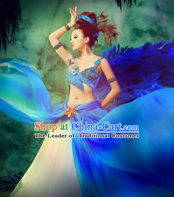 Traditional Ancient Indian Palace Sari Blue Costumes, Indian Young Lady Belly Dance Dress for Women