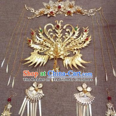 Traditional Handmade Chinese Ancient Classical Imperial Emperess Hair Accessories Phoenix Coronet, Bride Wedding Hairpin, Hanfu Hairpin Complete Set for Women