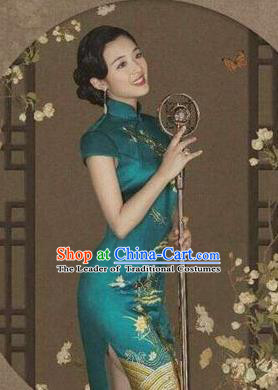 Traditional Chinese Female Costumes Chinese Classic Clothes Chinese Silk Peacock Blue Cheongsam Tang Suits Dress for Women