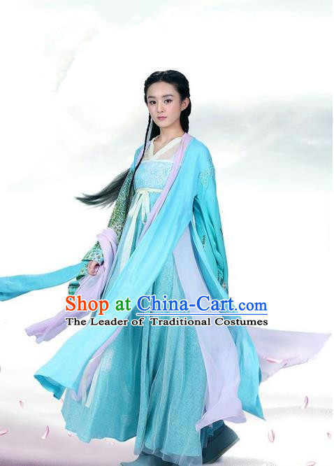 Traditional Ancient Chinese Swordswoman Costume, Chinese Han Dynasty Fairy Elegant Lace Dress, Cosplay Game Character Chinese Peri Princess Blue Clothing for Women