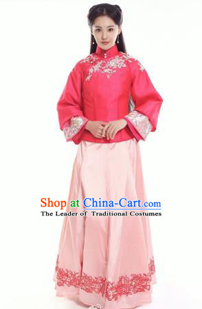 Traditional Ancient Chinese Costume, Chinese Late Qing Dynasty Young Lady Dress Red Blouse, Republic of China Embroidered Clothing for Women