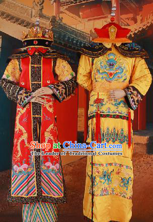 Traditional Ancient Chinese Imperial Emperess and Emperor Costume Complete Set, Chinese Qing Dynasty Emperess Wedding Dress, Chinese Manchu Emperess Emperor Embroidered Phoenix and Dragon Clothing for Women for Men