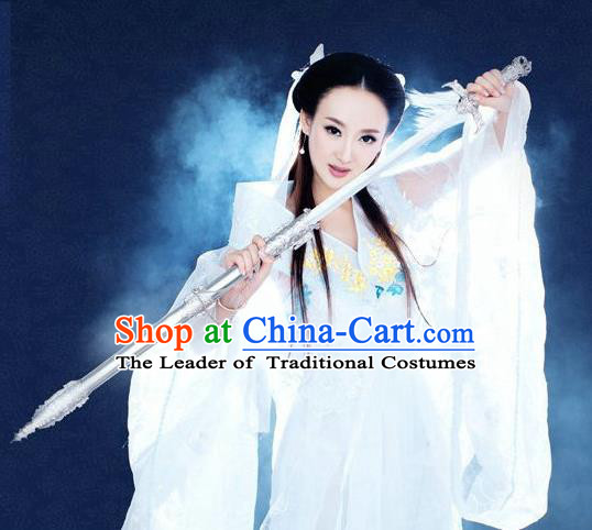 Traditional Ancient Chinese Swordswoman Costume, Chinese Han Dynasty Fairy Dress, Cosplay Game Character Chinese Peri Princess White Clothing for Women