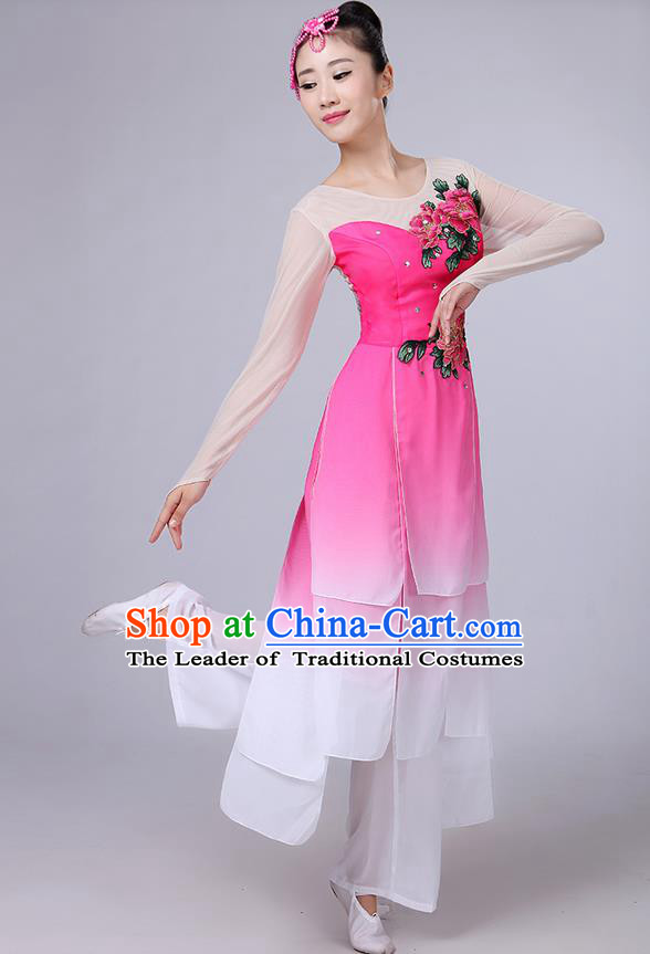 Traditional Chinese Yangge Fan Dancing Costume, Folk Dance Yangko Uniforms, Classic Umbrella Dance Elegant Dress Drum Dance Peony Pink Clothing for Women