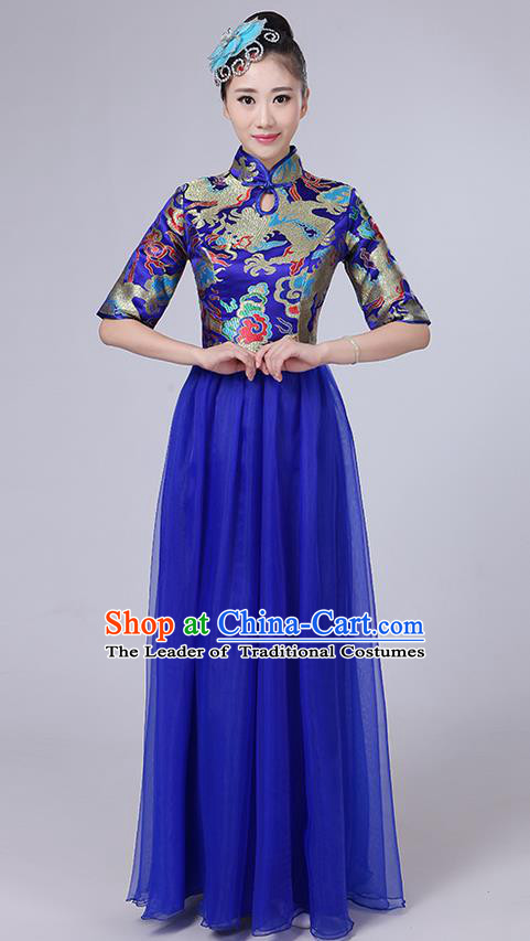 Traditional Chinese Style Modern Dancing Compere Costume, Women Opening Classic Chorus Singing Group Dance Satin Dragon Uniforms, Modern Dance Classic Dance Blue Cheongsam Dress for Women