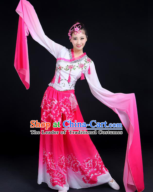 Traditional Chinese Yangge Fan Dancing Costume, Folk Dance Yangko Gradient Water Sleeve Tassel Uniforms, Classic Umbrella Dance Elegant Dress Drum Dance Clothing for Women