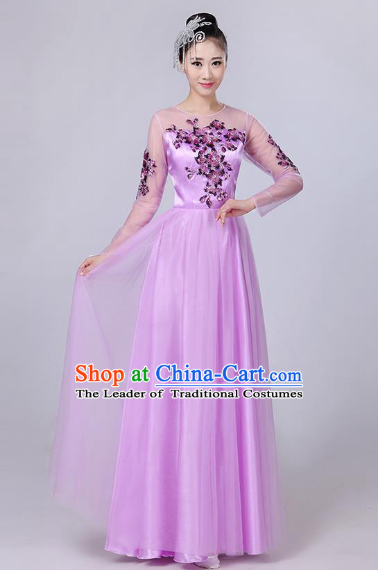 Traditional Chinese Modern Dancing Compere Costume, Women Opening Classic Dance Chorus Singing Group Bubble Embroidered Uniforms, Modern Dance Classic Dance Big Swing Purple Long Dress for Women