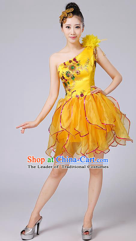 Traditional Chinese Modern Dancing Compere Costume, Women Opening Classic Dance Chorus Singing Group Bubble Embroidered Uniforms, Modern Dance Classic Dance Big Swing Gold Short Dress for Women