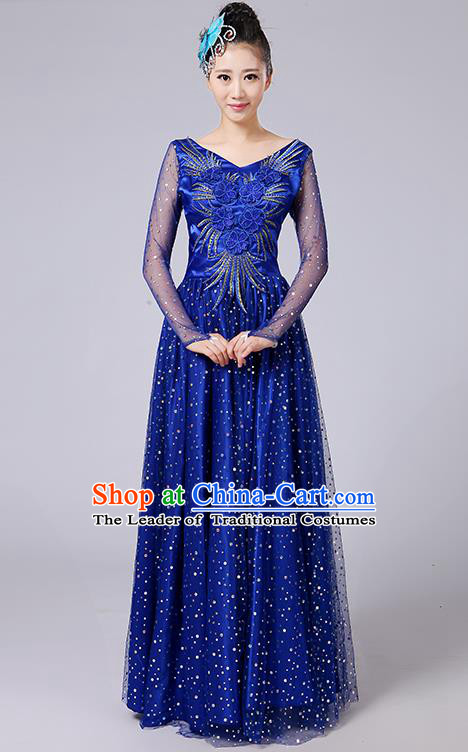 Traditional Chinese Modern Dancing Compere Costume, Women Opening Classic Dance Chorus Singing Group Bubble Uniforms, Modern Dance Classic Dance Big Swing Blue Long Dress for Women