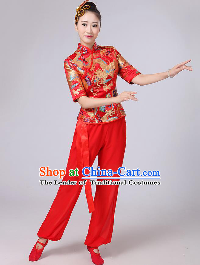 Traditional Chinese Yangge Fan Dancing Costume, Folk Dance Yangko Mandarin Collar Embroidered Dragon Blouse and Pants Uniforms, Classic Dance Elegant Dress Drum Dance Red Clothing for Women